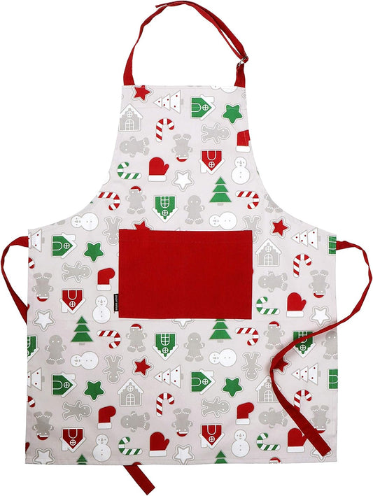 AMOUR INFINI Cotton Aprons for Women with Pocket, Adjustable Strap & Waist Ties - Washable Aprons for Baking, Cooking, Gardening (27.5 x 33 Inches - Christmas Fun)