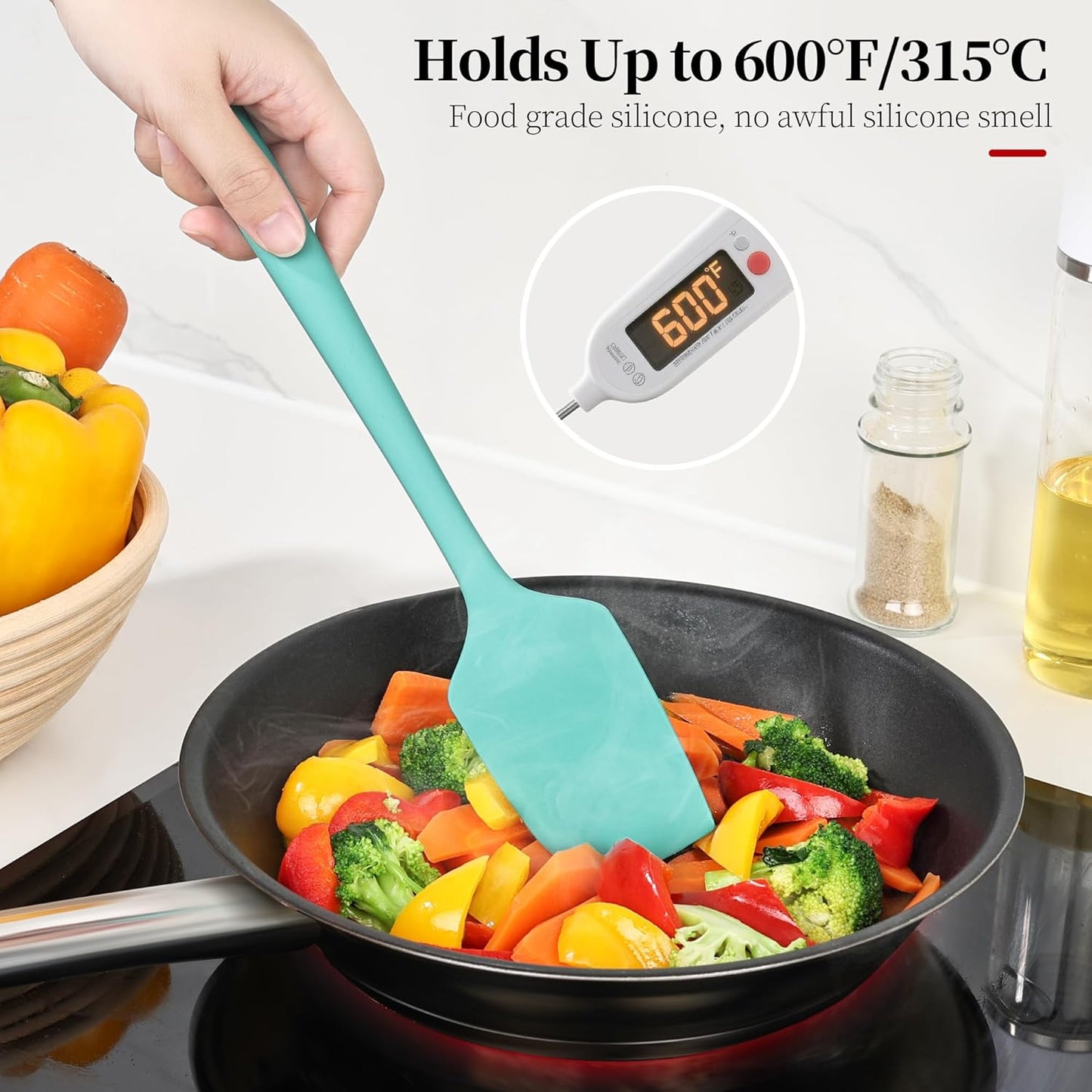 600ºF Heat Resistant Spatula, 11.34 inch High Heat Food Safe Semless Kitchen Silicone Scraper for Cooking Baking Mixing Scraping Stirring Nonstick Cookware Pan Bowl (Aqua Sky)