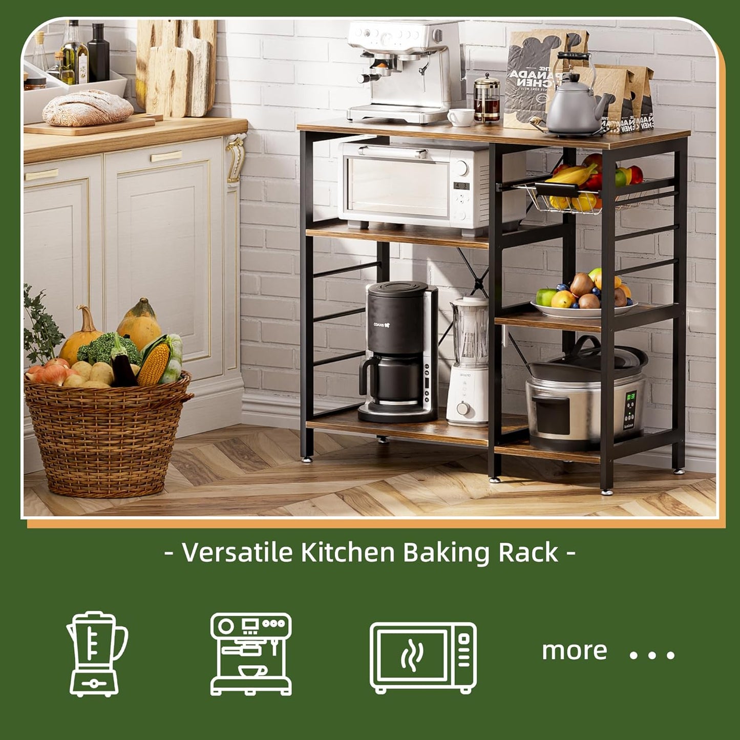 Baker’s Rack, Microwave Oven Stand with Bamboo Frame, 35.43" Coffee Bar with Wire Basket & 6 Hooks, 3-Tier Kitchen Storage Shelf Stand for Kitchen, Living Room, Office, Rustic Brown