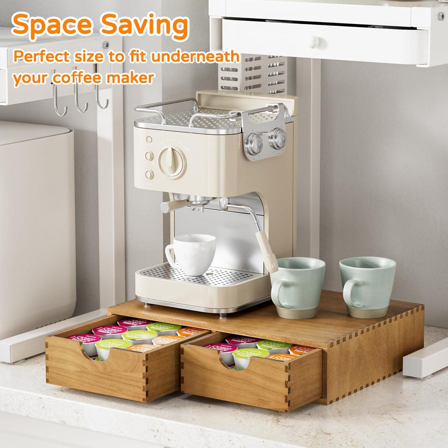 Pine Wood K Cup Organizer, Coffee Pod Storage Box for Counter, Coffee Pods and Tea Organizer Holder, K Pod Drawer Coffee Maker Machine Stand for Kitchen Office Coffee Bar (30 Pods Capacity, Walnut)