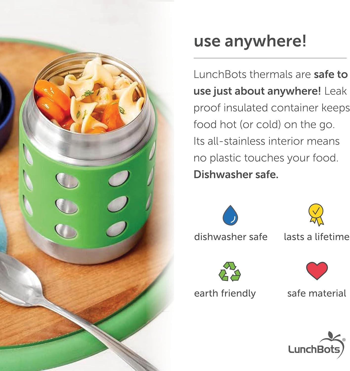 LunchBots Thermal 12 oz Triple Insulated Thermos - Hot 6 Hours or Cold 12 Hours - Leak Proof Thermos Soup Jar - All Stainless Interior - Navy Lid - Green Dots