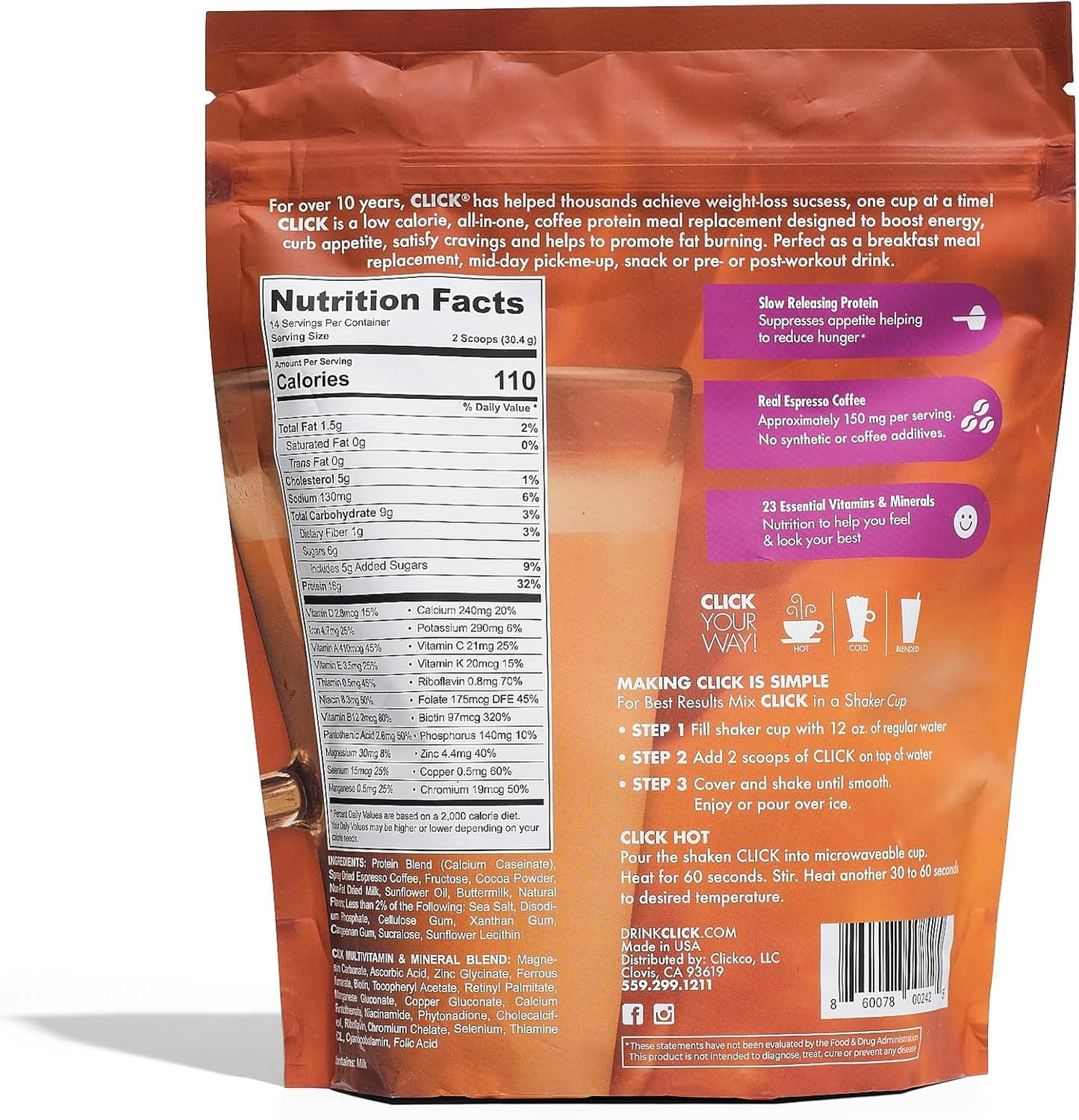 Click Coffee Protein Powder | Double Shot Espresso | 16g Protein | 23 Essential Vitamins | Low Calorie Meal Replacement | 150mg Caffeine | Gluten Free | No Artificial Flavors or Colors | Caramel