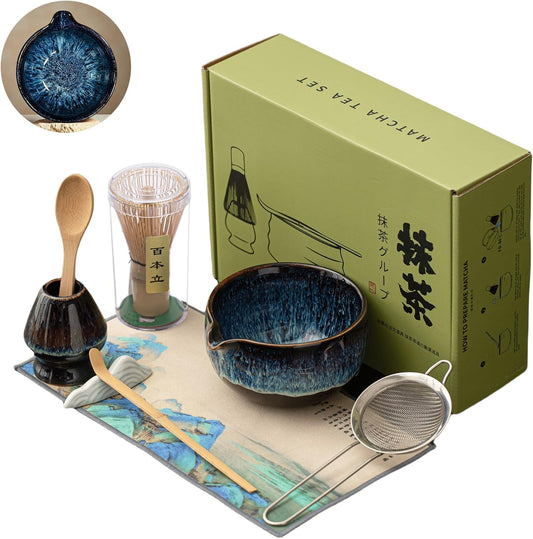 Matcha Whisk Set with Ceramic Bowl - Bamboo Whisk (Chasen), Scoop, Sifter & Holder - Complete Kit for Traditional Matcha Tea - Unique Gifts for Women, Men, Tea Lovers (Luminous-Auric-Sands)