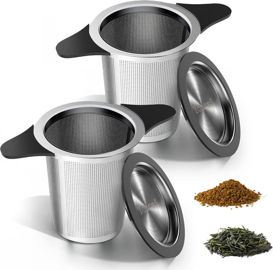 Upgraded Tea Infusers for Loose Tea, Silicone Covered Extra Fine Mesh 18/8 Stainless Steel Tea Strainer with Large Capacity & Double Handles to Steep Loose Leaf Tea and Coffee 2 Pack