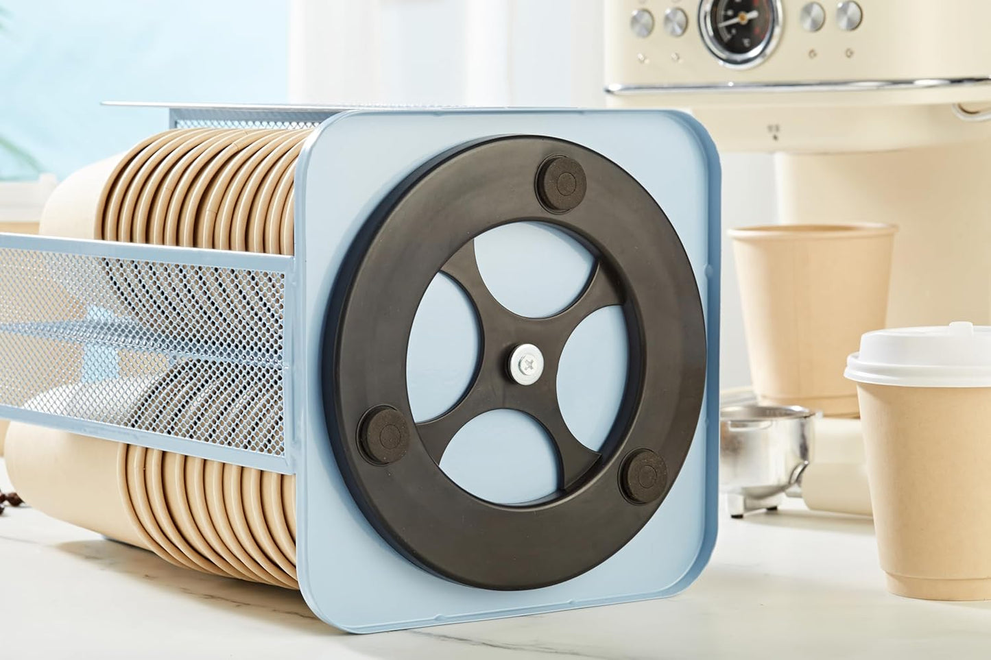 Annova Paper/Plastic Cup and Lid Holder Plastic Storage Organizer, 360°Rotating Coffee Mup Dispenser with 4 Compartments, Multifunctional Storage Rack for Home, Office, Bar, Coffee Shop (New Blue)