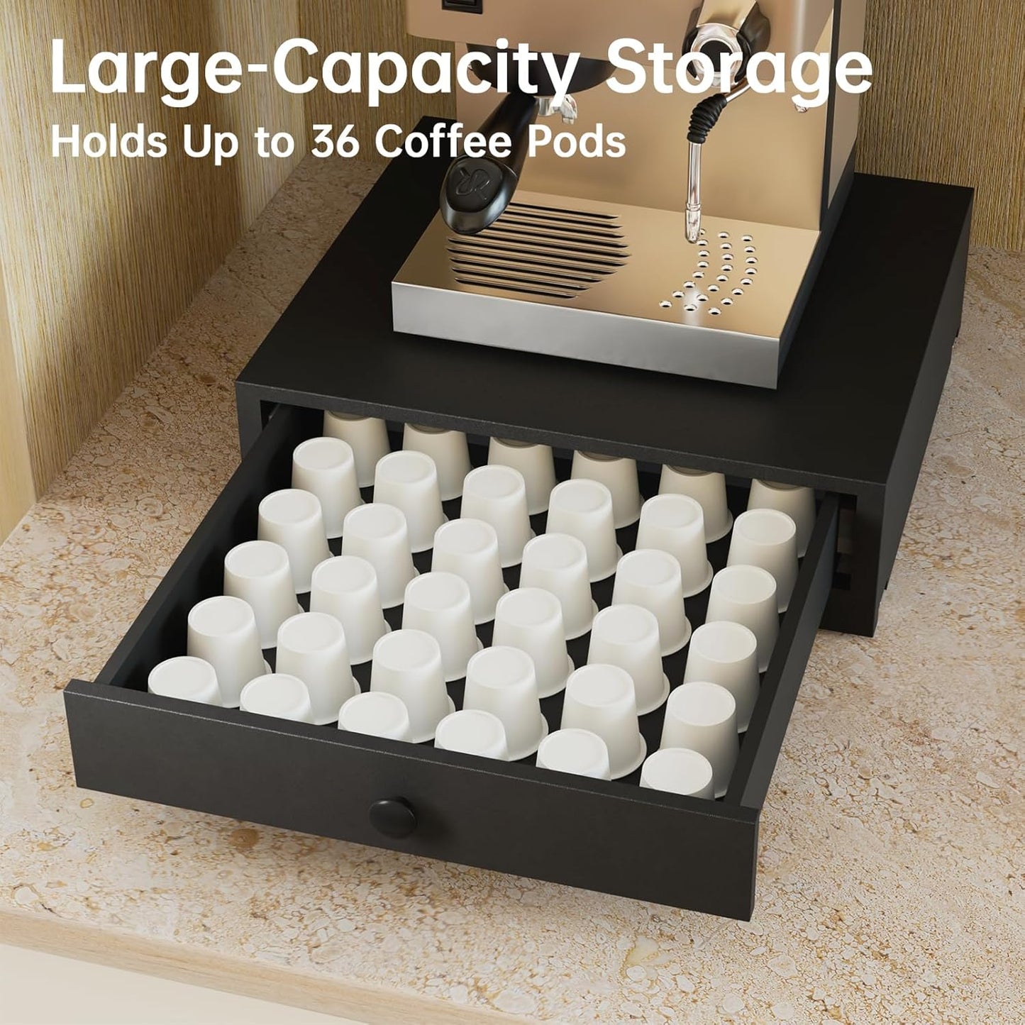 NiHome Acacia Wood Coffee Machine Tray with Pod Drawer, Smooth Wheels Rolling Appliance Slider, Large Drawer for K-Cups, Tea Bags, Under Cabinet Countertop Caddy for Espresso Maker, Blender, Air Fryer