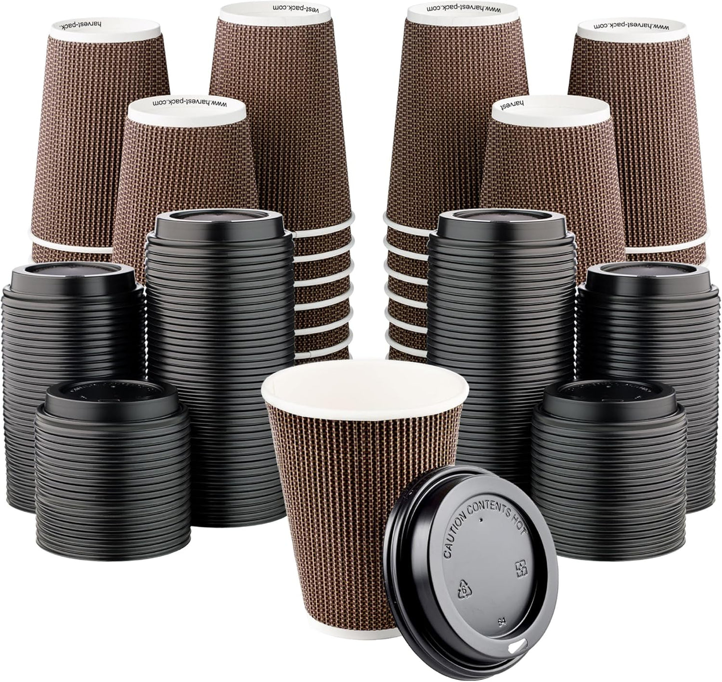 [400 SET]Harvest Pack 12 oz Disposable Coffee Cups, Insulated Ripple Double-Walled Paper Cup with Lid, Brown Geometric, Tea Hot Chocolate Drinks To go coffee cups
