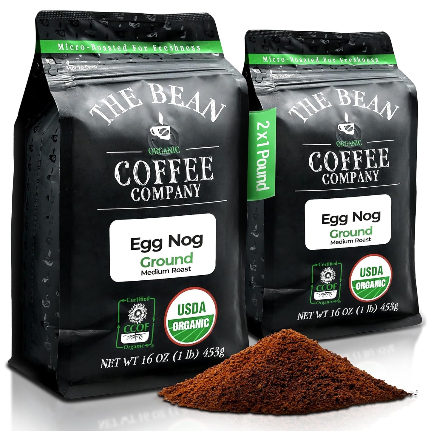 The Bean Organic Coffee Company Egg Nog, Medium Roast, Ground Coffee, 16-Ounce Bags (Pack of 2), Café molido tostado orgánico