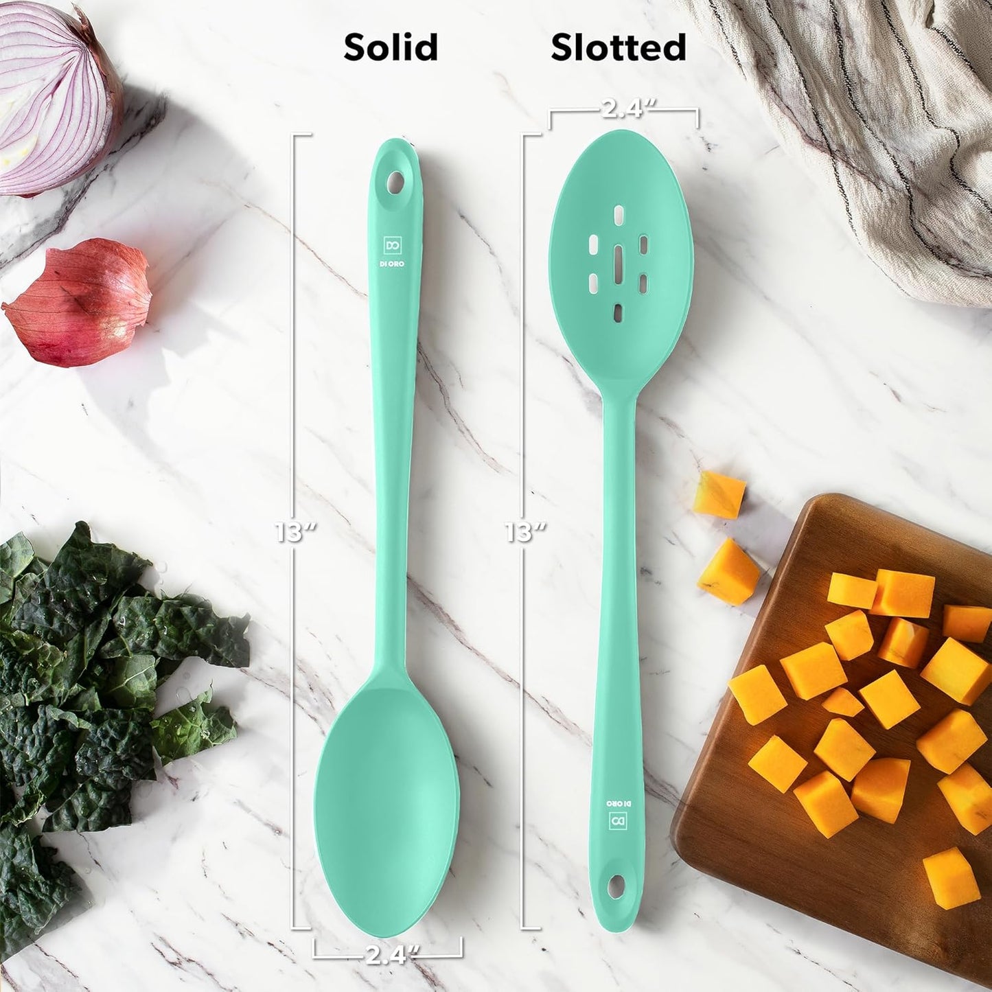 DI ORO Silicone Spoons for Cooking - Large Kitchen Spoons for Mixing, Serving, & Stirring - 600°F Heat-Resistant Non Stick Utensils – Big Solid & Slotted Basting Spoons - Dishwasher Safe (2pc, Mint)