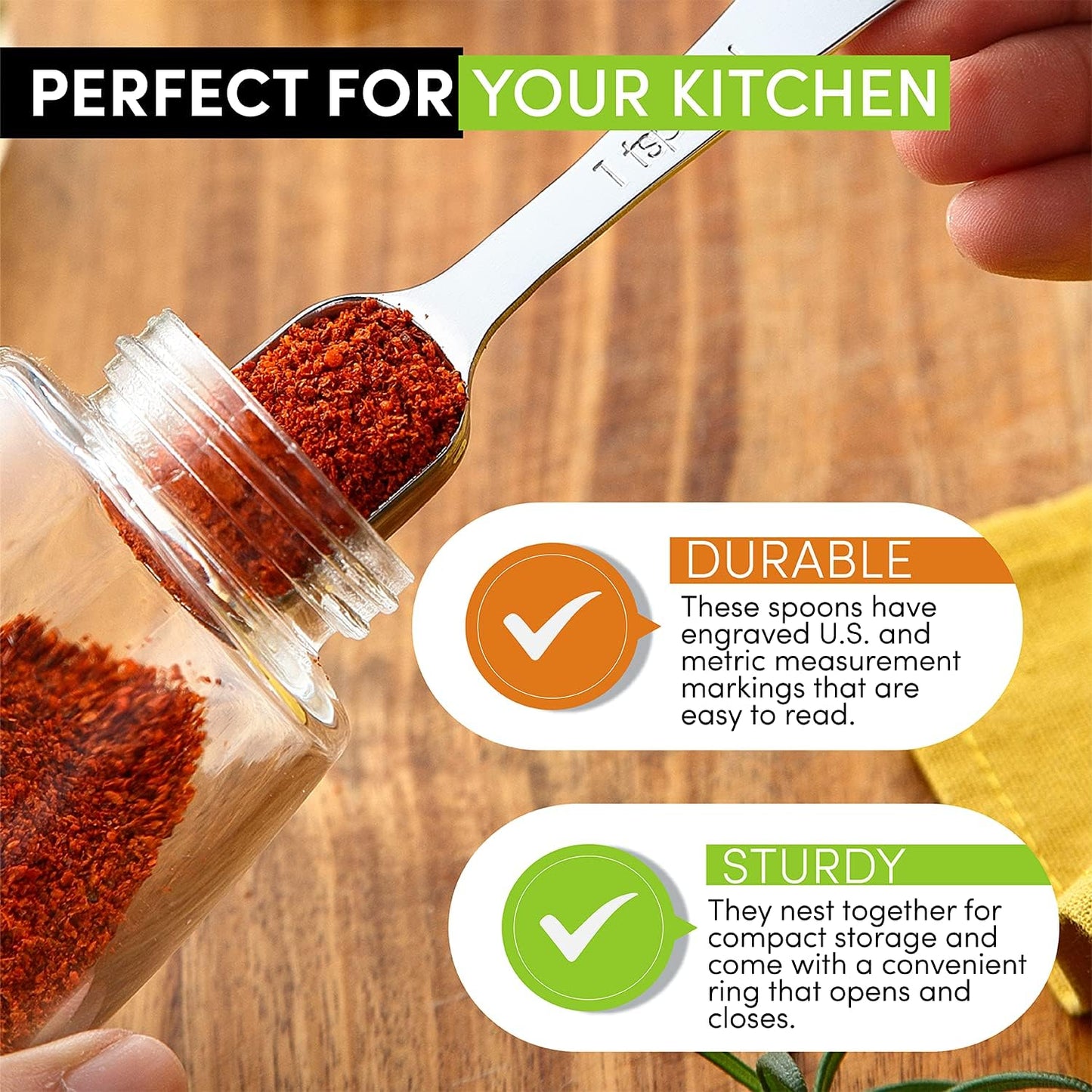 Spring Chef Stainless Steel Measuring Spoons Set of 7 with Leveler, Rectangular Metal Teaspoon & Tablespoon Measuring Spoons for Dry & Liquid Ingredients - Nesting Kitchen Gadgets For Baking & Cooking