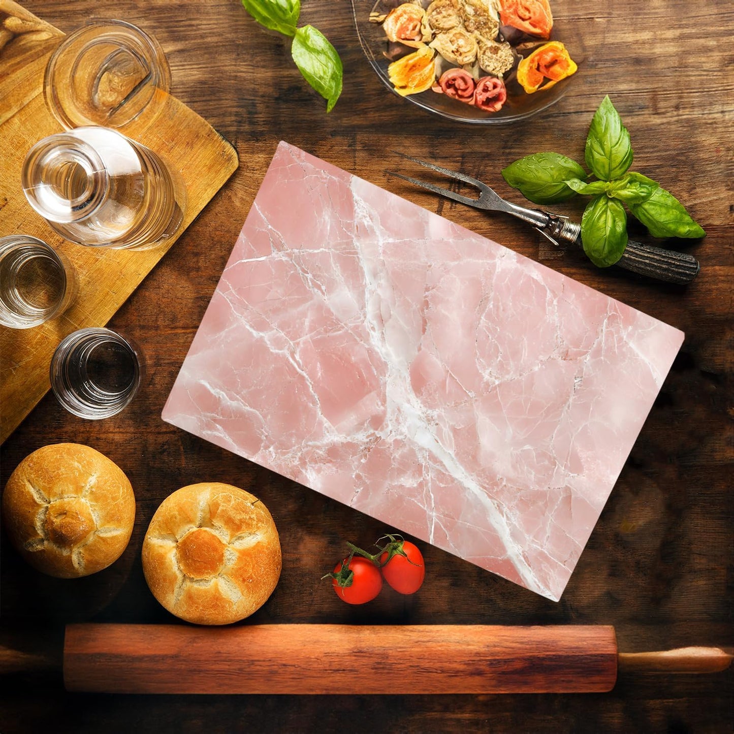 White Pink Rose Quartz Agate Marble Kitchen Glass Cutting Board Ocean Decorative Gift Marbled Granite Stone Rock Gift For Her Mom Wife (White Pink)