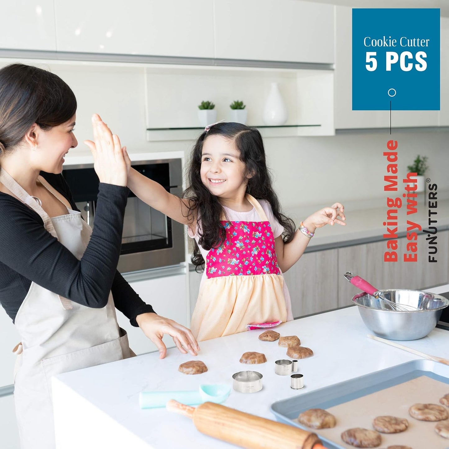 Cookie Cutter Set, 5 Pc. Kit, Measuring 1'', 2'', 3'', 4'' and 5'', Round Metal Baking Rings for Pastry, Biscuits, and Dough Cutting, Heavy Duty and Reusable, Multiple Sizes