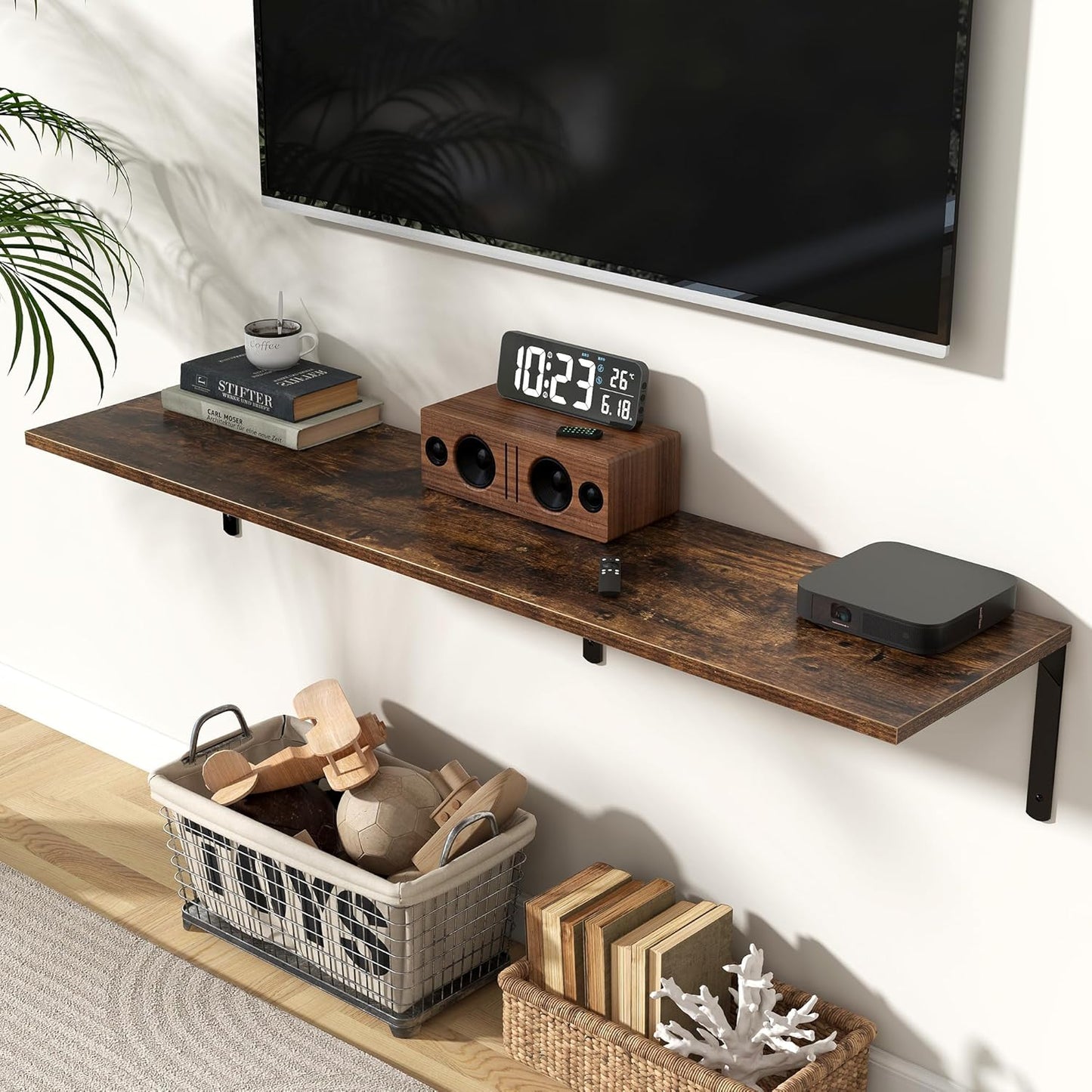 Fun Memories Rustic Brown 12 Inch Deep Floating Shelves Set of 2, Wall Mounted Shelf with Metal Brackets, Rustic Wood Wall Shelf for Bathroom, Kitchen and Living Room