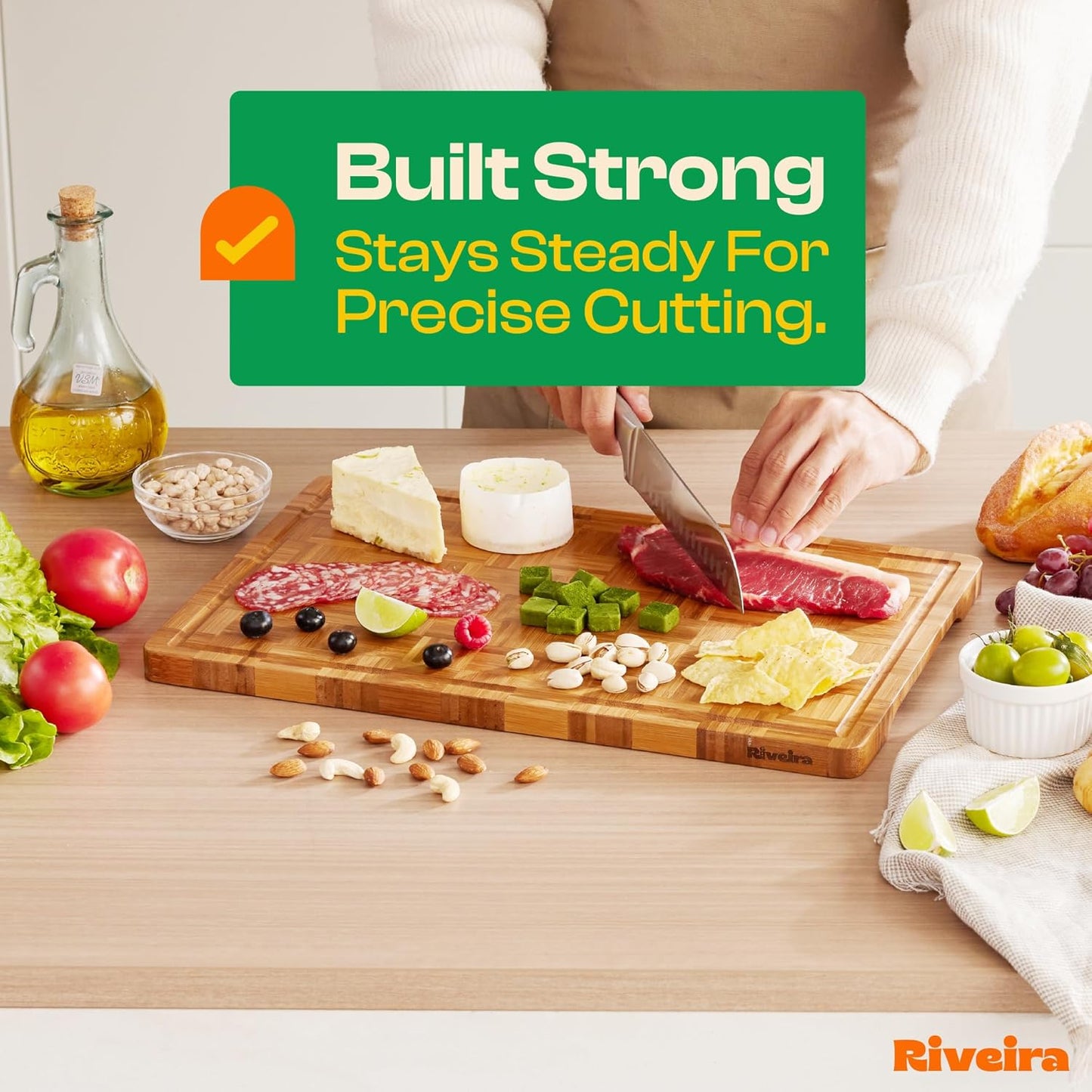 Riveira Bamboo End Grain Wood Cutting Board – Gourmet Bamboo Grandeur: 18 x 12 Wooden Cutting Board – Wooden Cutting Boards For Kitchen Decorative – Innovative Juice Grooves