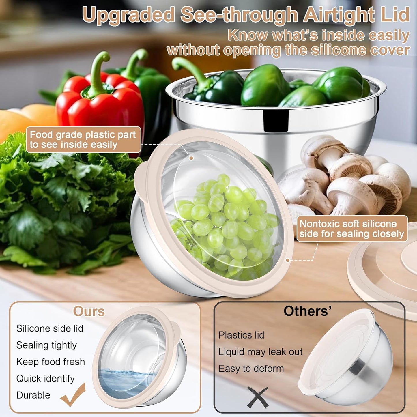 E-far Mixing Bowls with Lids and Graters, Stainless Steel Salad Mixing Bowl with Transparent Lid Set of 3, Metal Nesting Salad Storage for Kitchen Prepping/Serving/Baking, 4.6/2.6/1.5QT - Khaki