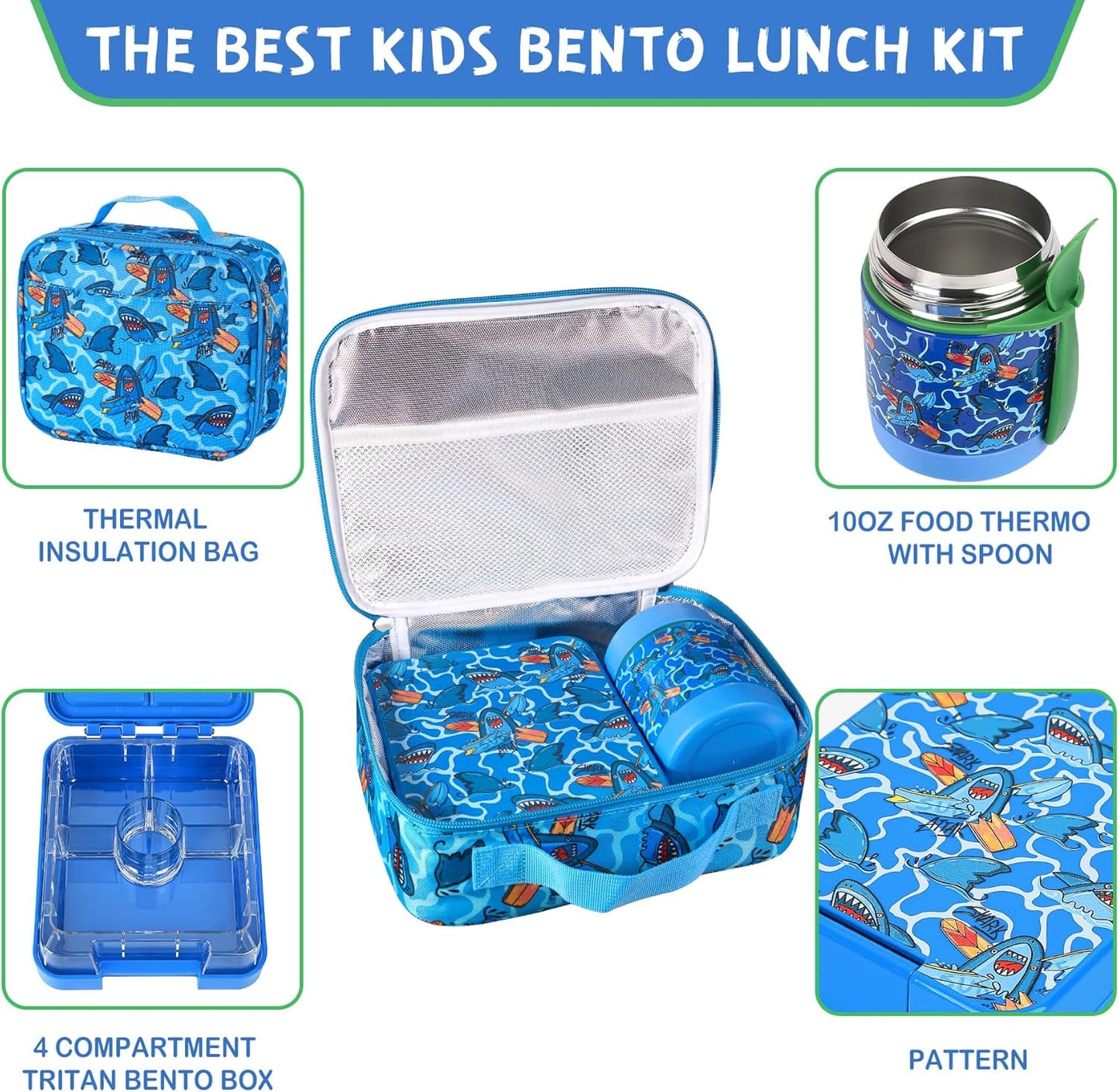 Bento Lunch Box Set With 10oz Soup Thermo, Leak-proof Lunch Containers with 4 Compartment, Kids Hot Thermo Food Jar/Insulation Lunch Bag, Food Containers for School（Shark）