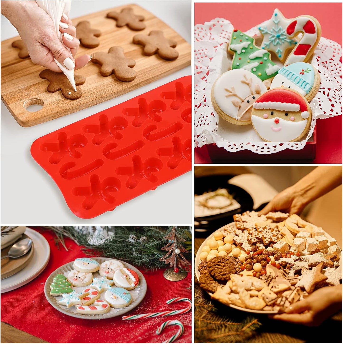 Christmas Silicone Chocolate and Candy Molds, Small Baking Molds for Cake Toppers, Santa Clause Snowman Christmas Tree Presents Gingerbread Stockings Star Candy Cane Molds 6Pcs