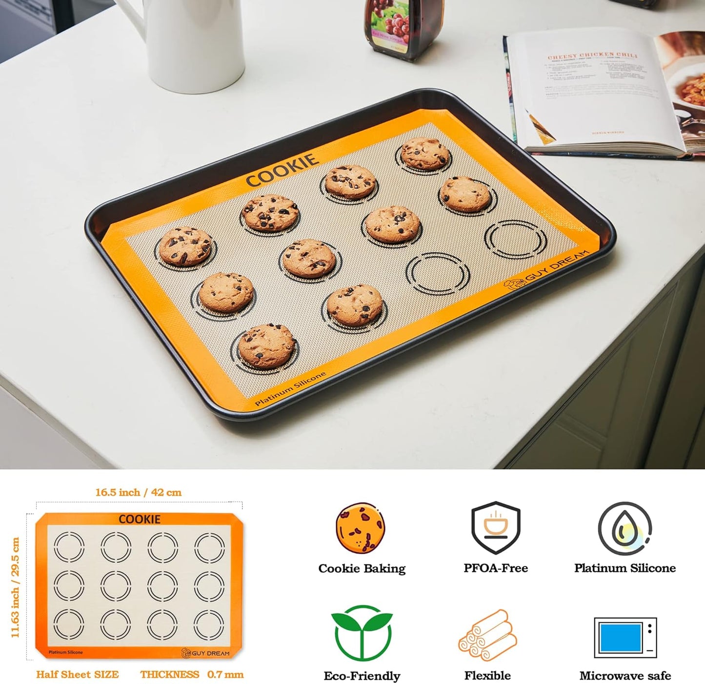 GUY DREAM All-in-One Silicone Baking Mat Set - Kneading Mat, Cookie & Macaron Half Sheet Mat, 1/4 Sheet Mat, Square & Round Cake Mats, Artisan Bread Mat - Ideal Gift for Baking