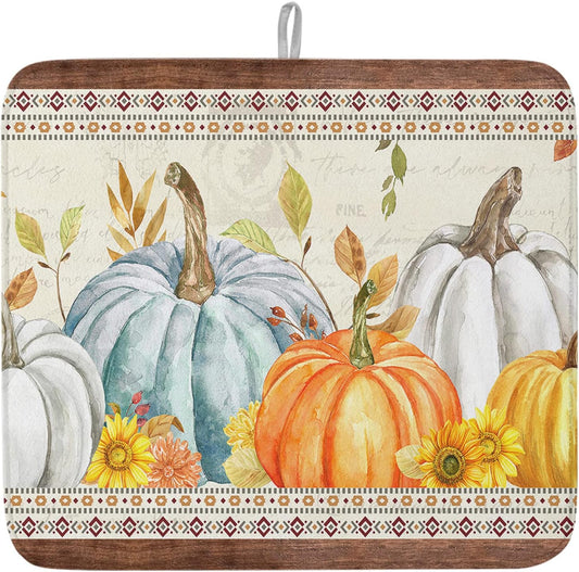 Fall Dish Drying Mat for Kitchen Counter Pumpkin Drying Pad Absorbent Drying Mats for Countertops Sinks Draining Racks Sunflower Eucalyptus Leaves Drainer Holiday Harvest Thanksgiving Decor 18x24