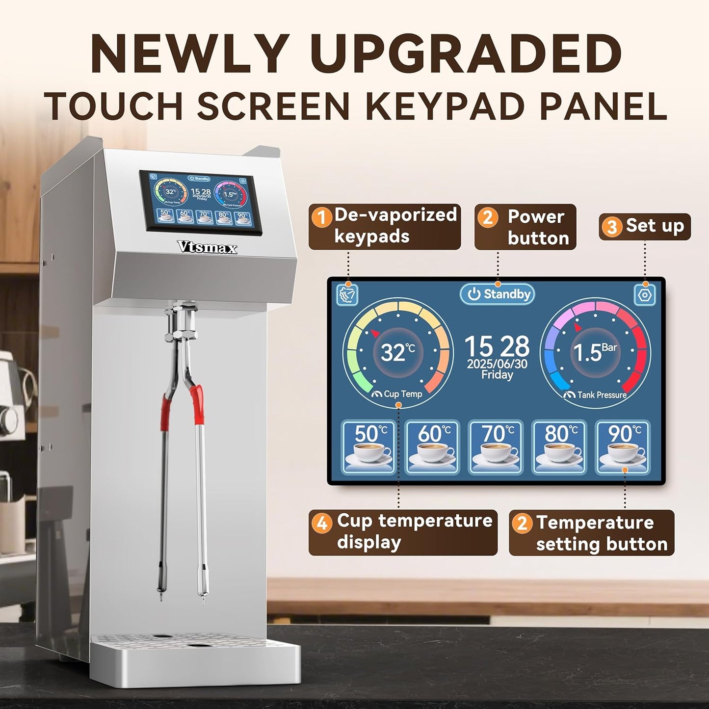 Automatic Commercial Milk Frother 2000W, 5L Professional Stainless Steel Steam Electric Milk Frothers Machine, Six-gears Temperature Setting With LED Display For Tea Coffee Shop (110V-120V)