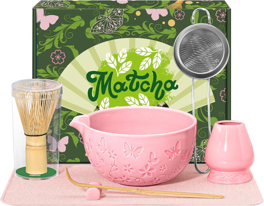 Matcha Whisk Set 7 PCS Matcha Bowl, Matcha Whisk and Holder, Bamboo Scoop and Scoop Rest, Stainless Sifter and Tea Towel Ceramic Matcha Set Japanese Matcha Kit for Matcha Lovers Pink