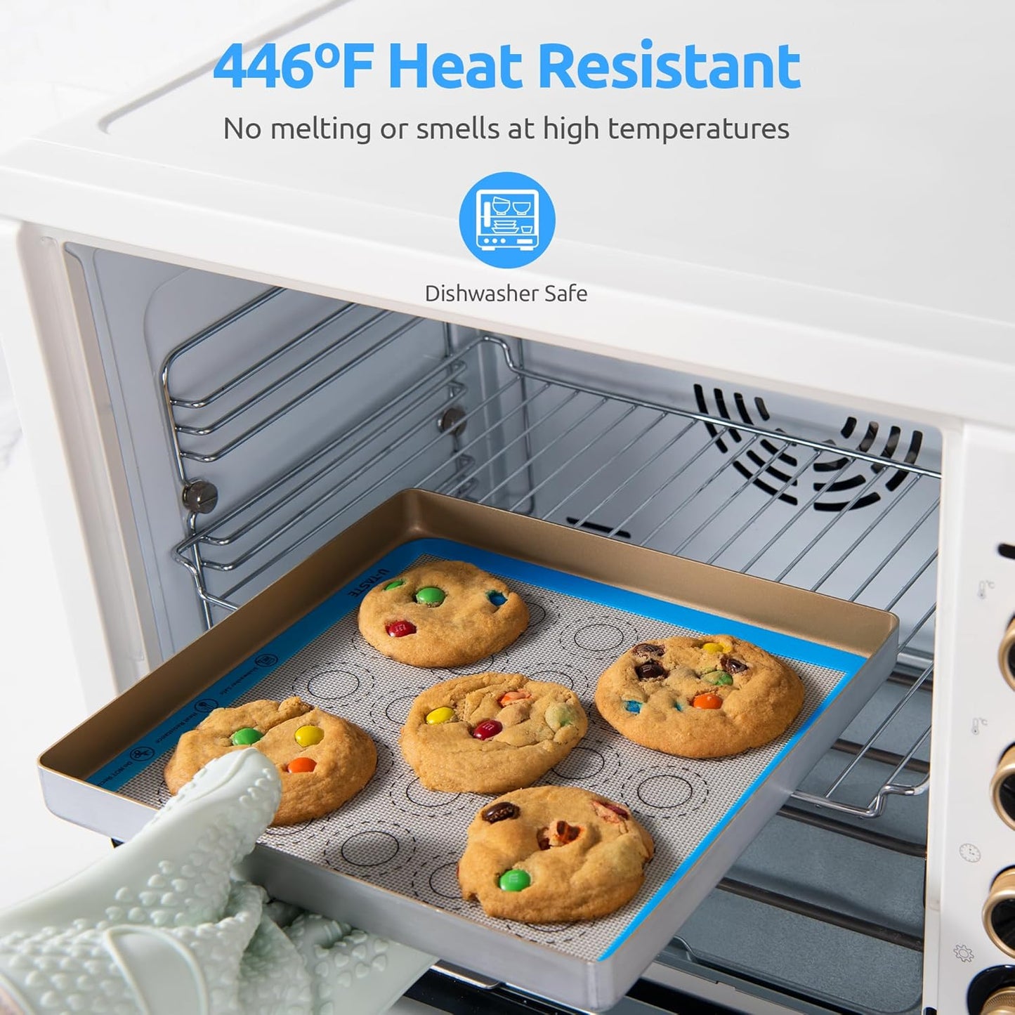 446ºF Heat Resistant Macaron Mat: U-Taste 11x11in Non Stick Silicone Baking Mat, Reusable Cookies Pastry Sheet Liner with Edge Enhancement & Circle Measurement for Square Cake Pan (2 PCS, Light Blue)