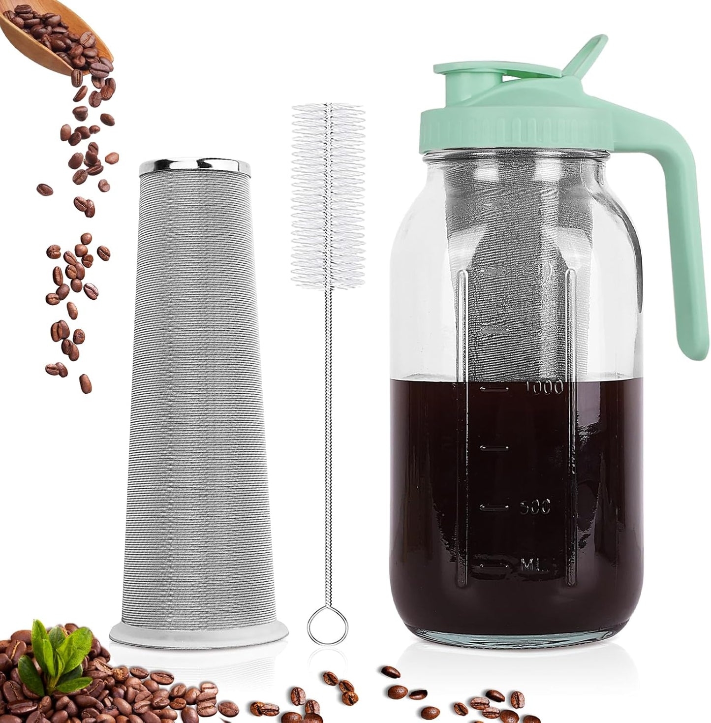 Cold Brew Coffee Maker，64 oz Wide Mouth Mason Jar Pitcher with Stainless Steel Filter, Pour Spout Handle Lid, Heavy Duty Glass Airtight & Leak-Proof Pitcher for iced coffee & Tea Lemonade-Green