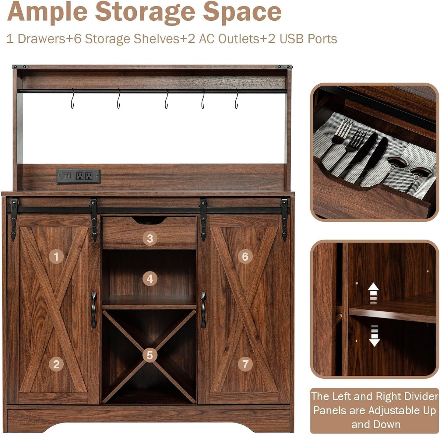 Wnutrees Farmhouse Coffee Bar Cabinet with Charging Station and USB Ports, Sliding Barn Door, 39" Kitchen Hutch Sideboard Buffet Storage Cabinet, Fits Kitchen Dining Living Room, Brown