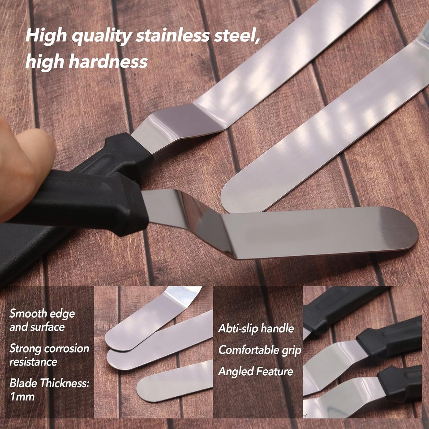 Stainless Steel Icing Spatulas Angled Cake Spatulas with 3 Cake Smoother Scrapers- Professional Frosting Offset Spatula Set with 6, 8, 10 inch Blades for Cake Decorating