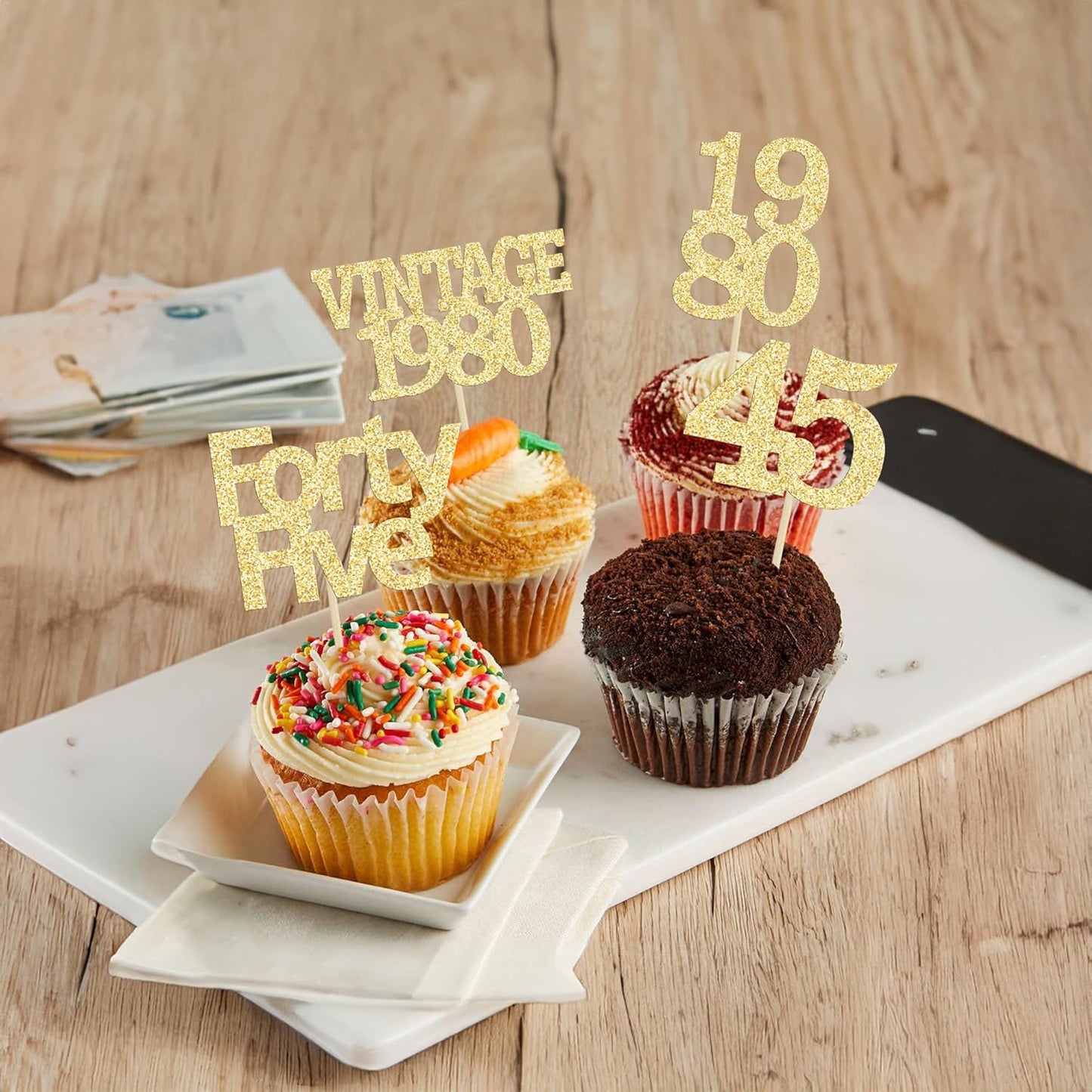 Gyufise 24Pcs 45th Birthday Cupcake Toppers Glitter Cheers to 45 Fabulous Forty Five Vintage 1980 Cupcake Picks 45th Birthday Wedding Anniversary Party Cake Decorations Supplies Gold