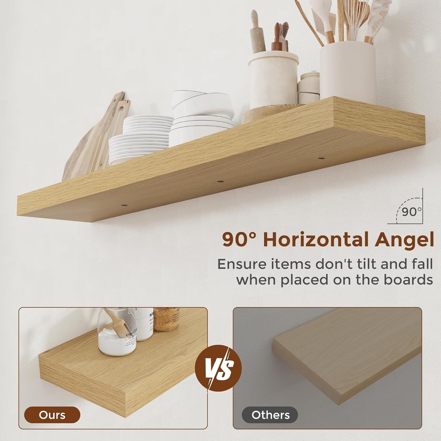 Heimlove 48 Inch Floating Shelves for Wall 8 Inch Deep Oak Shelves Set of 2,Wall Mounted Rustic Wood Long Floating Shelf，Large Display & Storage Shelf with Invisible Brackets