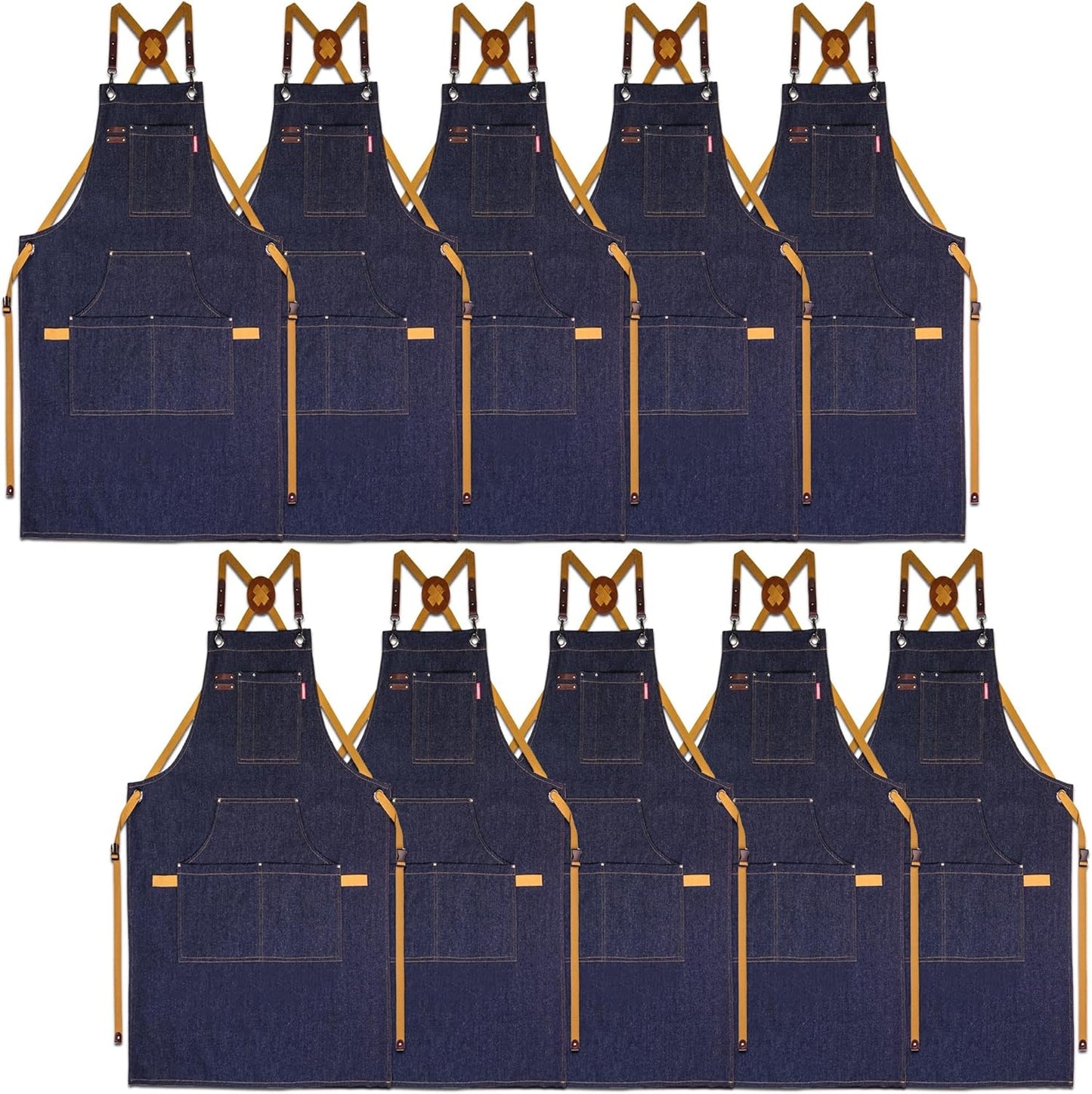 10 Pack Kitchen Aprons, Work Apron, Canvas, Multiple Pockets, Gardening, Painting, BBQ, Artist, Carpenter, Sizes M to XXL, Denim