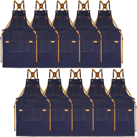 10 Pack Kitchen Aprons, Work Apron, Canvas, Multiple Pockets, Gardening, Painting, BBQ, Artist, Carpenter, Sizes M to XXL, Denim