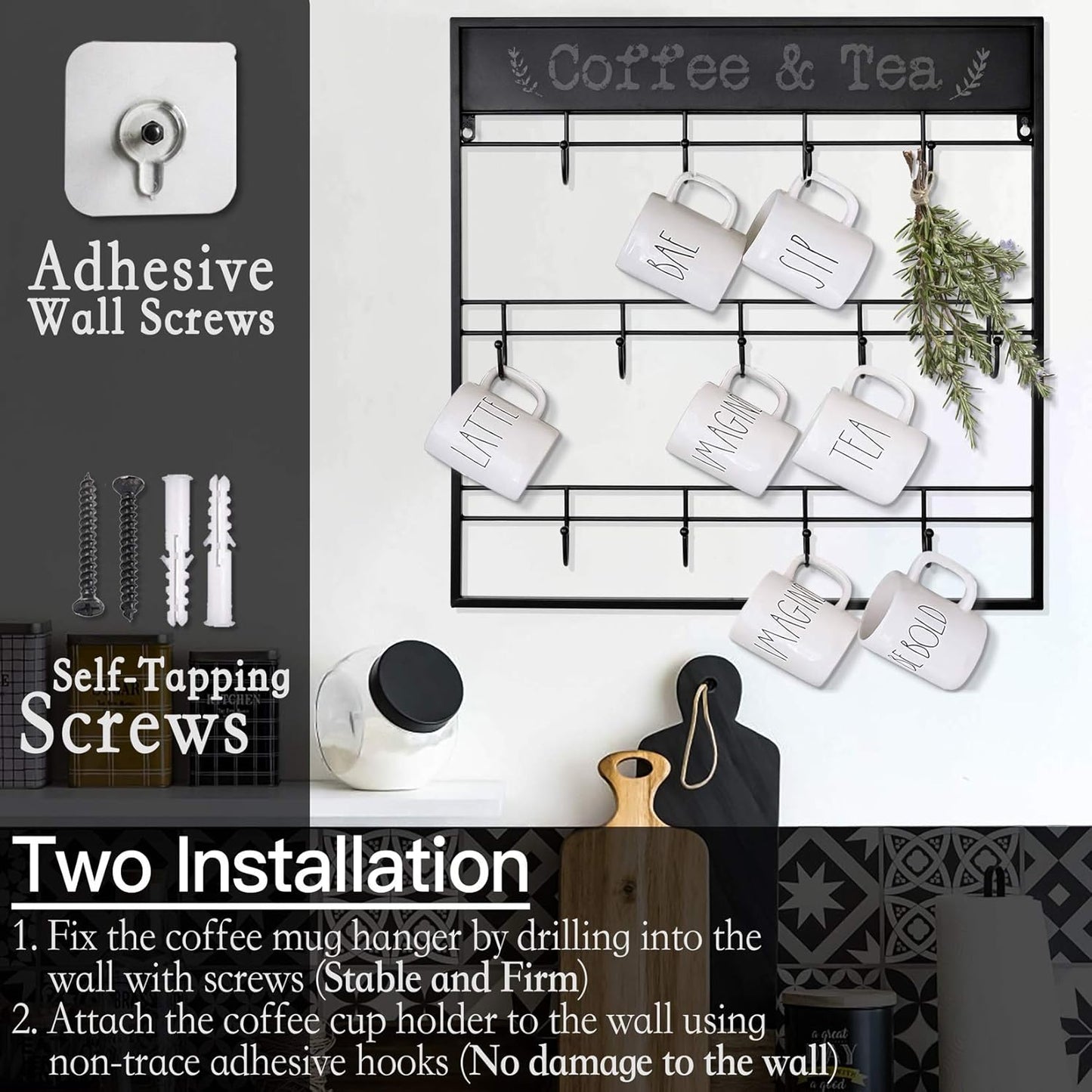 AJART Coffee Bar Decor Mug Holder: 22" Large Square Coffee Cup Rack for Home Kitchen Office Dining Room Cafe Bar