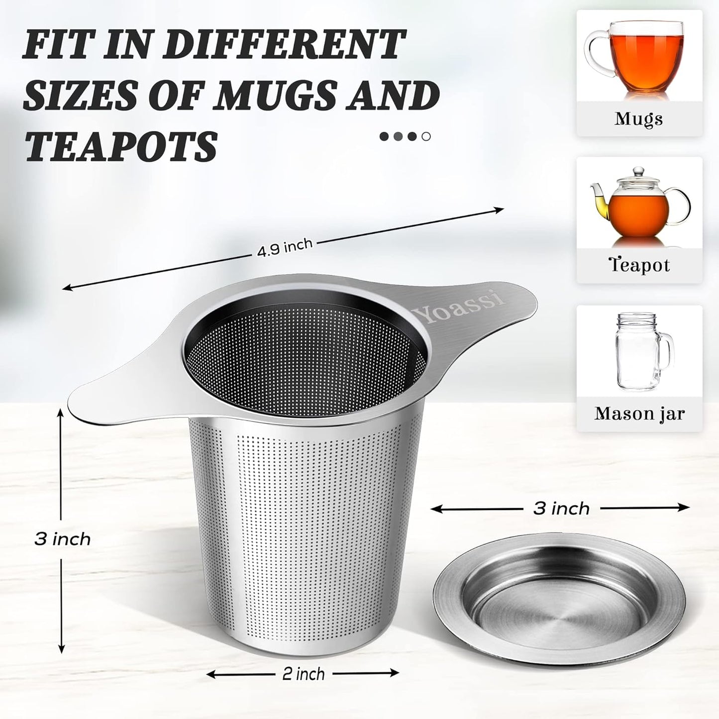 Extra Fine 18/8 Stainless Steel Tea Infuser Mesh Strainer with Large Capacity & Perfect Size Double Handles for Hanging on Teapots, Mugs, Cups to Steep Loose Leaf Tea and Coffee (2 Pack)