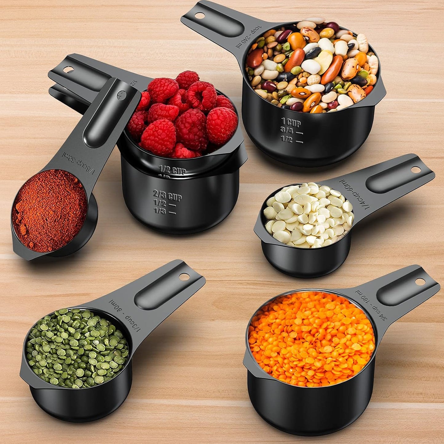 Stainless Steel Measuring Cups, Wildone Metal Measuring Cups Set with Easy to Read Markings for Measuring Dry or Liquid Ingredients, Set of 7 (Black)