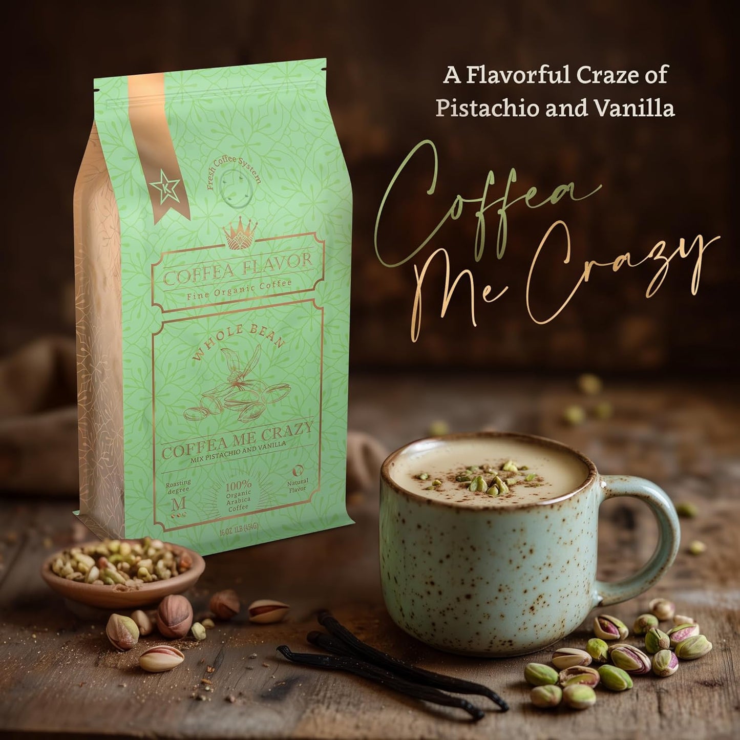 Coffea Me Crazy – Vanilla Pistachio Flavored Whole Bean Coffee – Organic, Medium Roast, 100% Arabica, Single Origin – Naturally Flavored – by Coffea Flavor