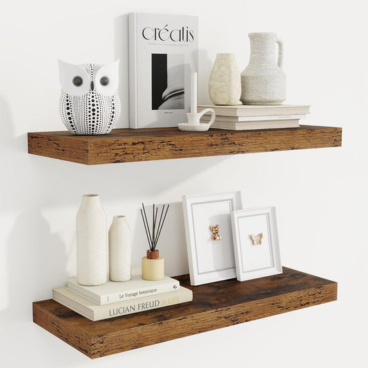 Fun Memories 24 Inch Floating Shelves for Wall, 9 Inch Deep Brown Rustic Wood Wall Mounted Shelves for Bathroom, Kitchen, Living Room, Set of 2