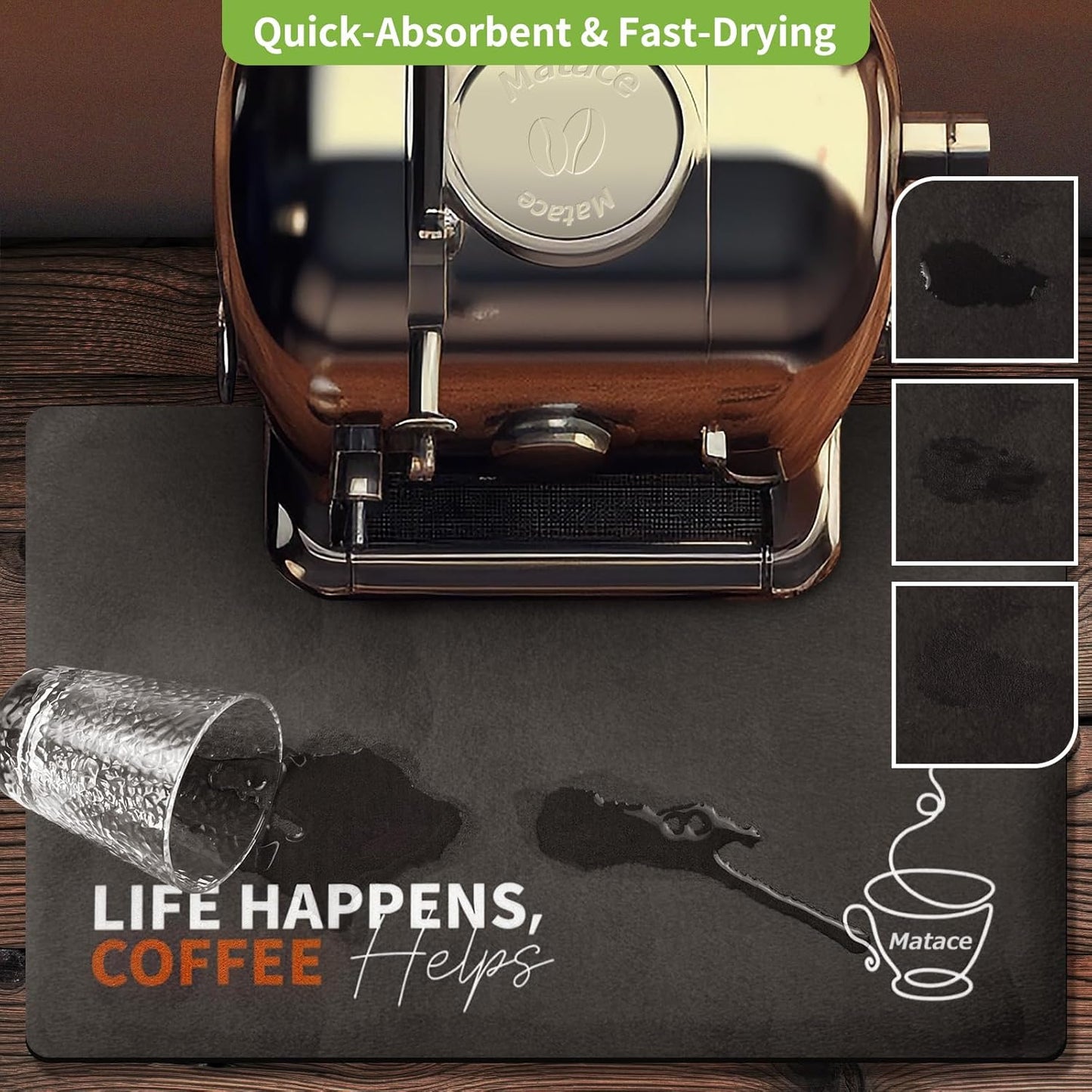 Matace Designer Coffee Bar Mat, Extra Large 17 x 31.5 Inches, Rubber Backing, Absorbent Coffee Maker Mats for Dish Drying, Kitchen Countertop, Life Happens Coffee Helps, Black