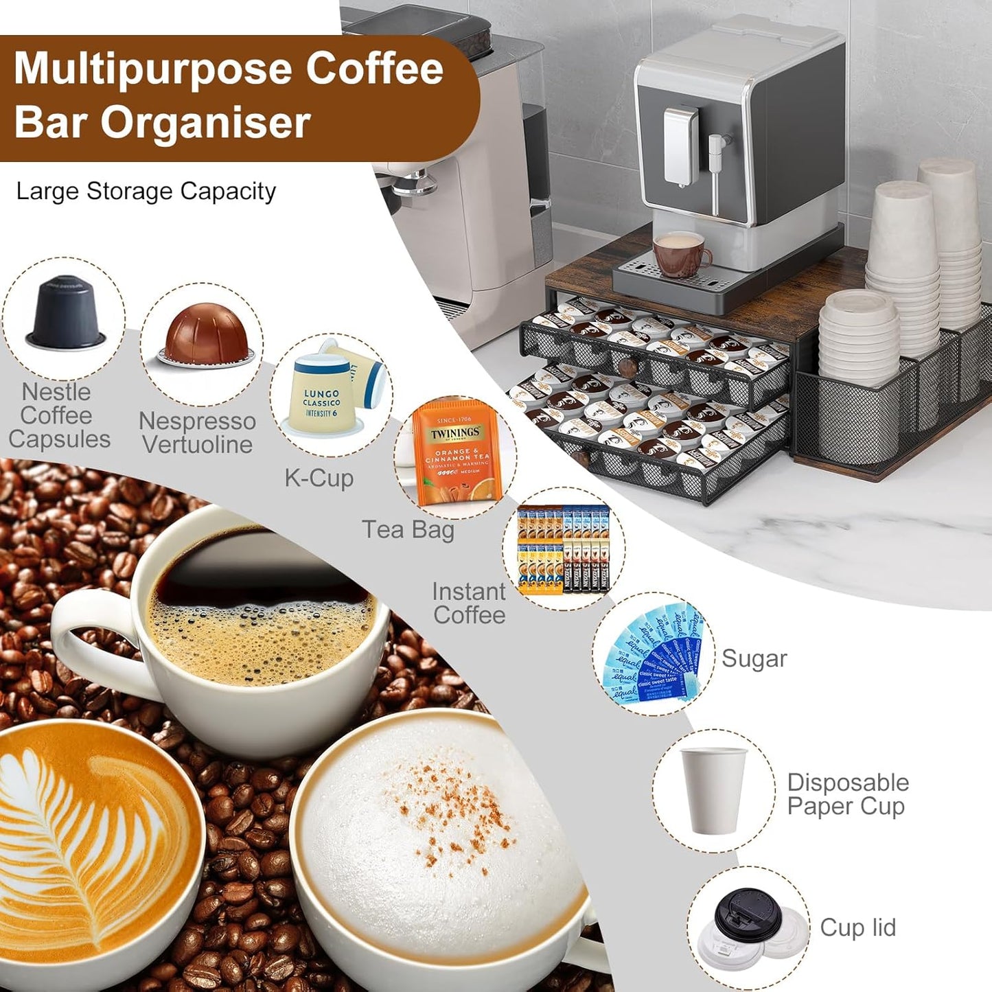 TQVAI K Cup Holder - 60 Capsule Capacity 2 Tier Sliding Pods Storage Drawer with Disposable Cups & Lids Holder, Coffee Bar Station Organizer for Countertop, Black