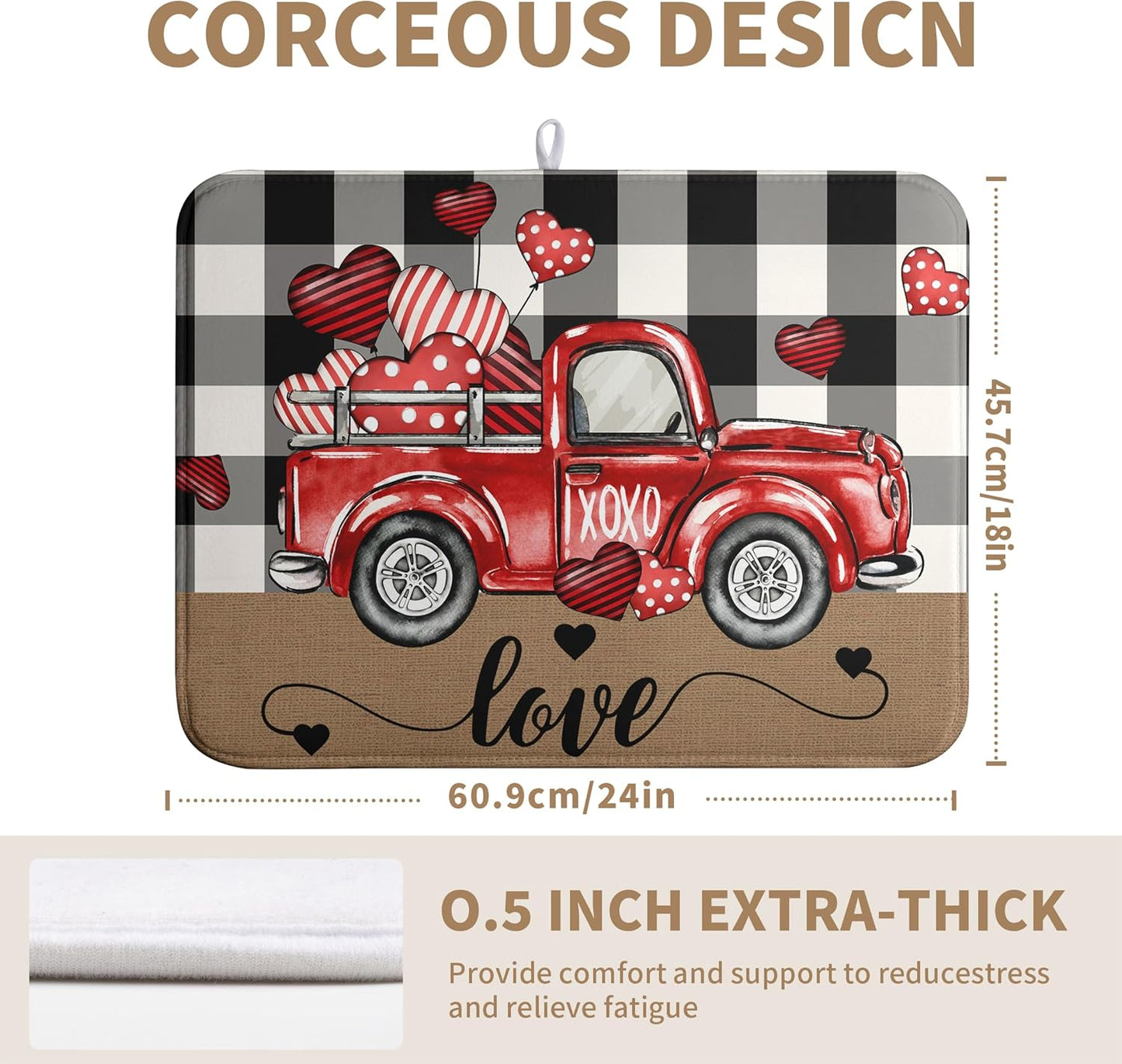 Valentines Dish Drying Mat Valentine Buffalo Plaid Hearts Kitchen Drying Pad Absorbent Dishes Dryer Mats 18x24 Inches