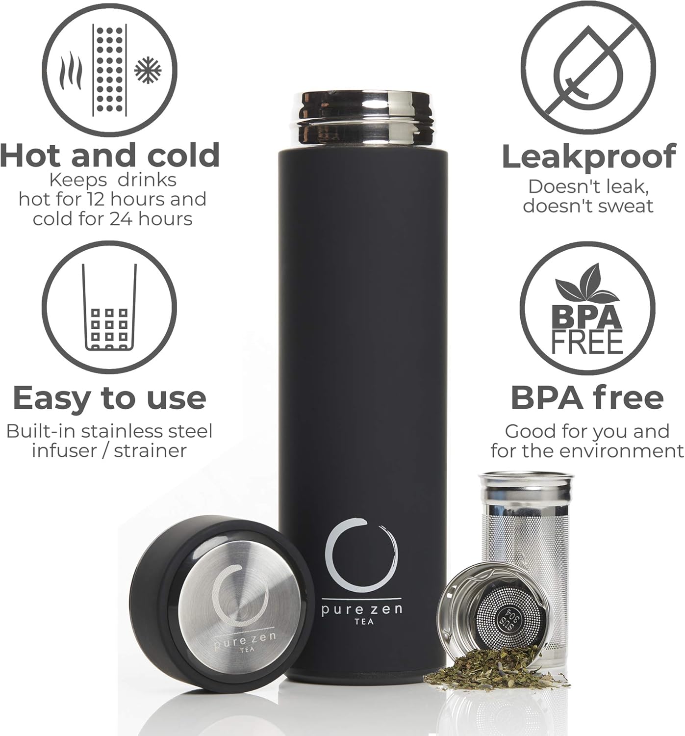 Pure Zen Tea Thermos with Infuser for Hot and Cold Infusions, Coffee and Fruit-Infused Water - Stainless Steel - Tea Infuser Bottle - Leakproof Travel Mug with Filter - 15oz - Black