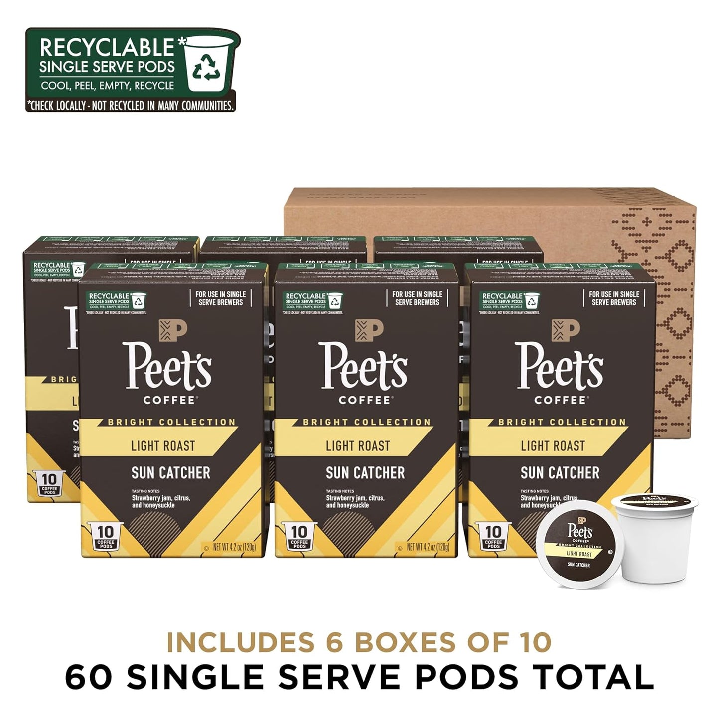 Peet's Coffee, Light Roast Single Serve Coffee Pods - Sun Catcher 60 Count (6 Boxes of 10 Pods)