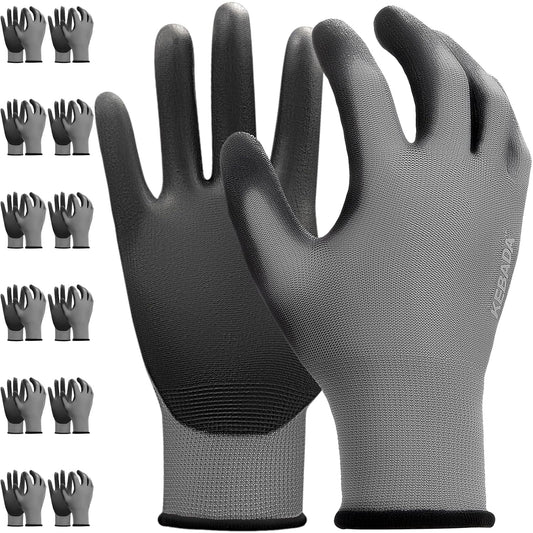 Kebada W1 Work Gloves for Men and Women, Working Gloves with Grip,12 Pairs Thin Mechanic Gloves,PU Coating on Palm & Fingers,Breathable Mens Gardening Gloves,Gray Small