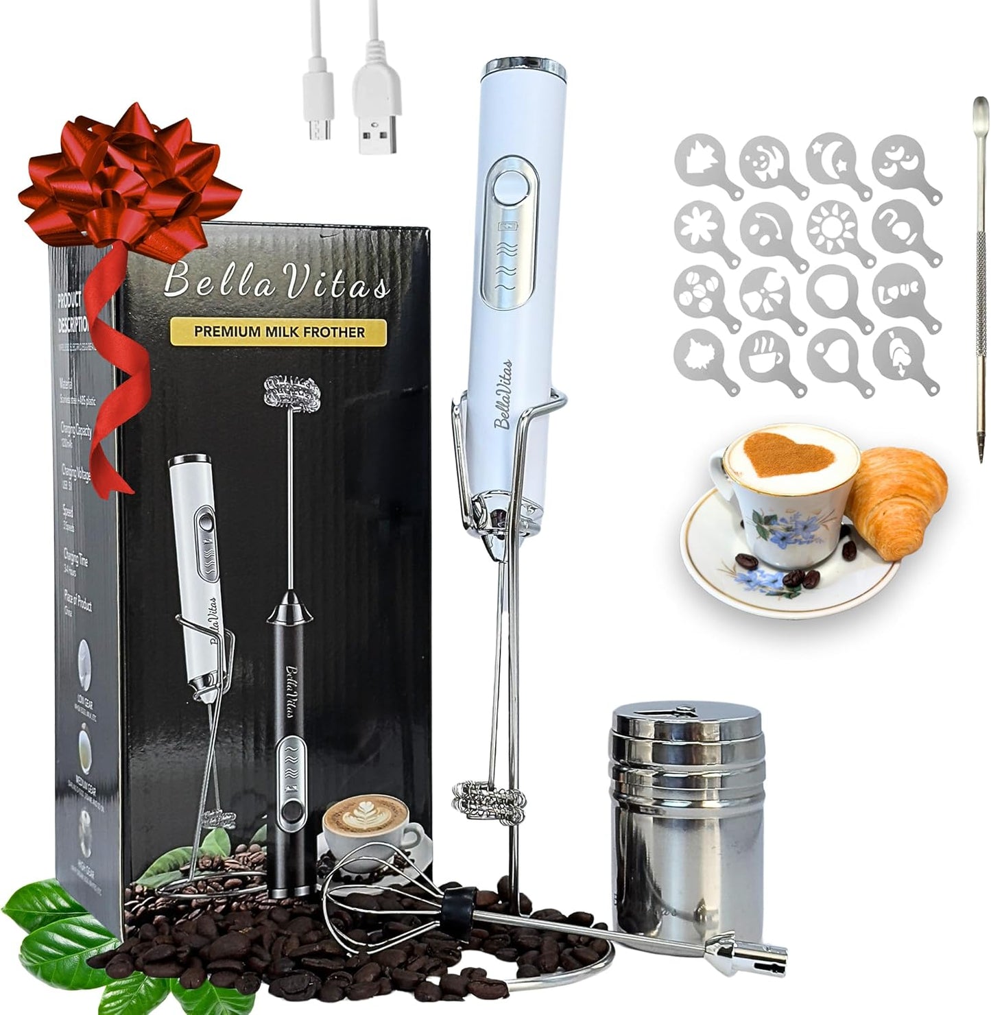 Milk Frother Handheld Rechargeable 3-Speed Electric Frother Wand Whisk Foam Maker Drink Mixer with Stand, 2 Whisks, Spice Shaker, Art Stencils, Art Pen for Coffee Latte, Cappuccino, White