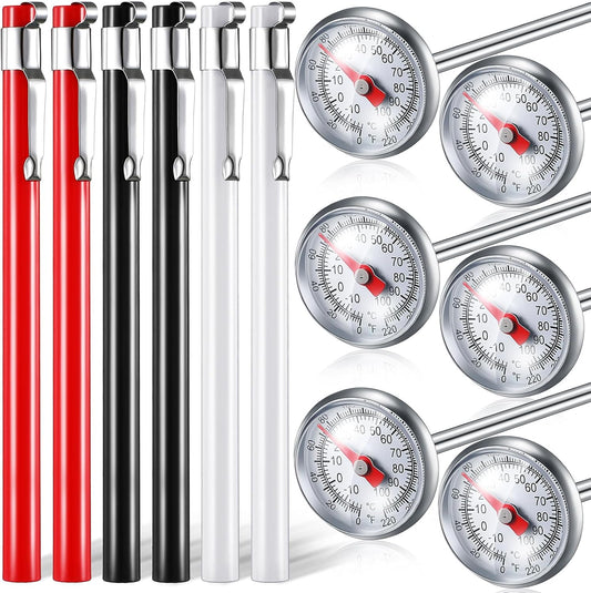 Xuhal 6 Pcs Stainless Steel Kitchen Thermometer with 5 Inch Long Stem 1 Inch Dial Thermometer Milk Frothing Food for Oven Probe Meat Grill BBQ Cooking Chocolate Water(Black, Red, White)