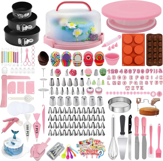 Gawren-H&E Cake Decorating Supplies Kit, 678 PCS Cake Decorating Kit & Cake Baking Suppplies set with Cake Carrier,3 Springform Pans Set,Piping Bags and Tips Set,Chocolate Molds,Cake Stand for Baking