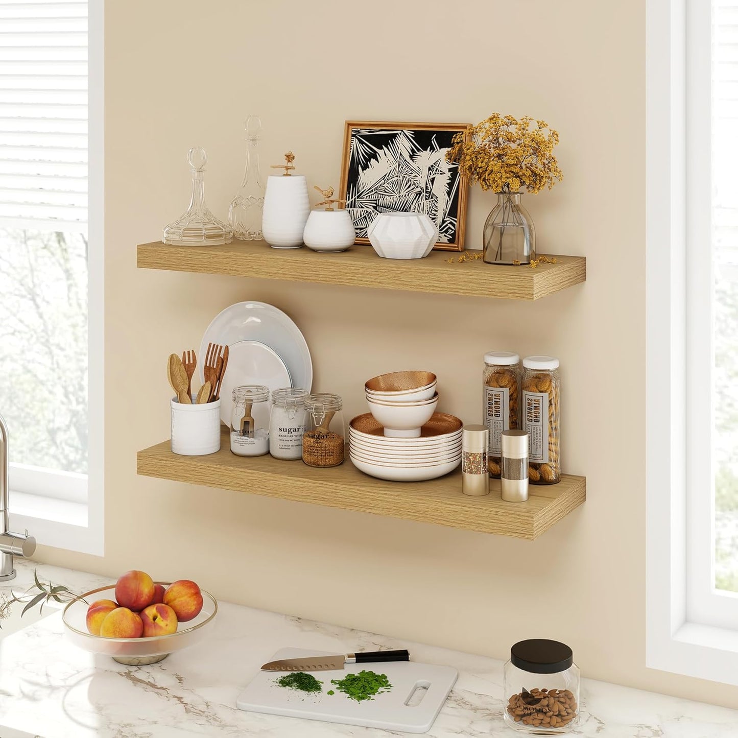 30 Inch Floating Shelves, 9.3" Deep Floating Shelf Wall Mounted, 30" Wall Shelves, Rustic Deep Bookshelf, Large Display Shelves & Storage Shelves for Bedroom, Living Room, Oak, Set of 2