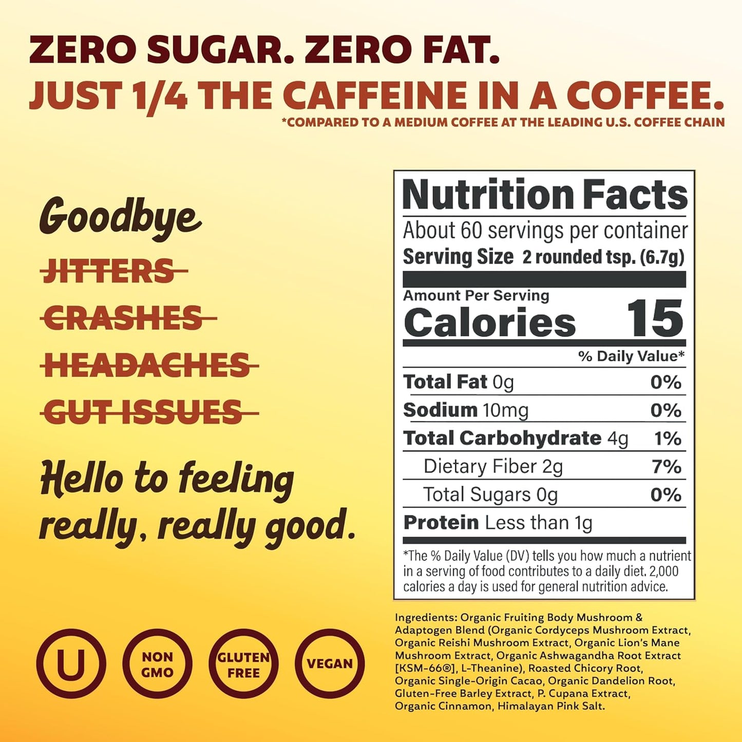 Joe'y Mushroom Coffee Alternative with Cacao and Dandelion Root, Chicory Coffee Substitute with Adaptogenic Superfoods, Vegan Gluten-Free Drink for Focus and Clean Energy without Jitters, 60 Servings