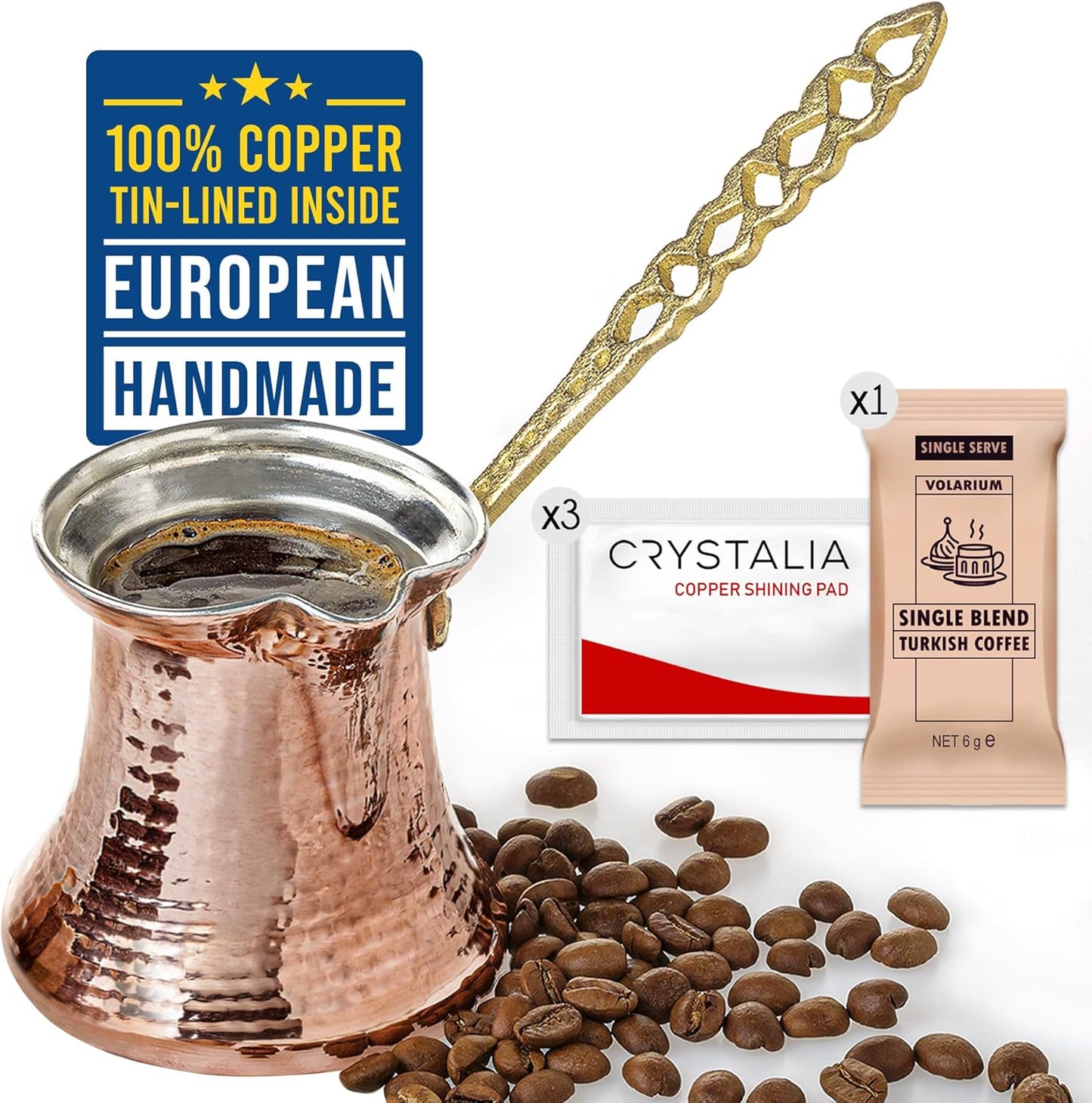 Volarium Turkish Coffee Pot, Greek Arabic Coffee Maker, Hammered Copper Coffee Cezve, Stove Top Coffee Maker (Small)